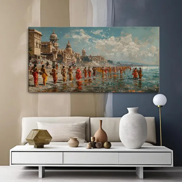 Traditional_Indian_River_Scene_Canvas_Painting_-_24x48_Inches_Framed_Art,_Perfect_for_Cultural_Home_Decor_(FLP24480704)