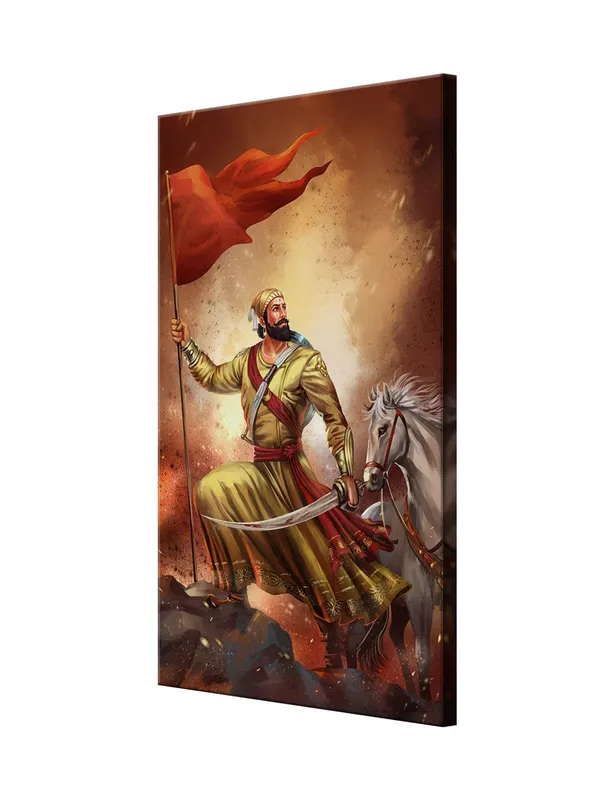 Shivaji_Maharaj_on_Horseback_Holding_Flag_Canvas_Art_-_Heroic_Battle_Scene_Large_Painting,_Big_Painting_(24X48_Inches_FLP24480771)