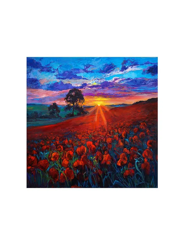 Canvas-Wrapped_Poppy_Field_Sunset_Painting,_36X36_�_Vibrant_Landscape_Art,_Romantic_Countryside,_Ideal_for_Living_Room(FLP36X360443)