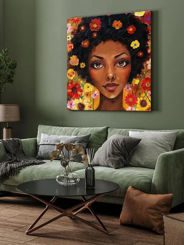 Floral_Fantasy_Canvas-Wrapped_Painting_24x24_–_Whimsical_African_Woman_with_Flowers(FLP24X240485)