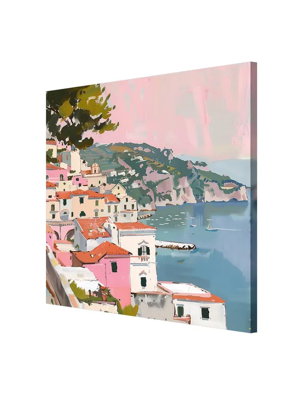 Canvas-Wrapped_Mediterranean_Coastal_Town_Painting,_36X36_�_Scenic_Seaside_View,_Vibrant_Colors,_Travel-Inspired_Wall_Art(FLP36X360441)