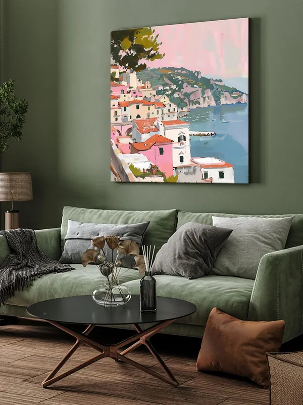 Canvas-Wrapped_Mediterranean_Coastal_Town_Painting,_36X36_�_Scenic_Seaside_View,_Vibrant_Colors,_Travel-Inspired_Wall_Art(FLP36X360441)