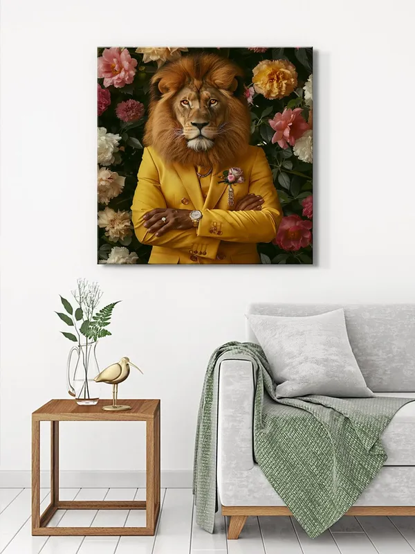Lion_with_Pink_Flowers_Canvas-Wrapped_Painting,_36X36_Statement_Piece_for_Elegant_Spaces(FLP36X360324)
