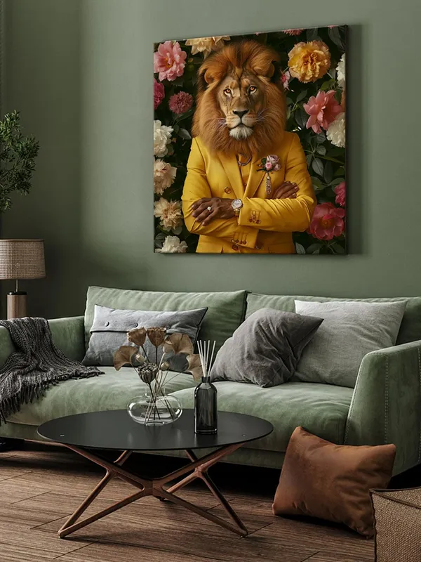 Lion_with_Pink_Flowers_Canvas-Wrapped_Painting,_36X36_Statement_Piece_for_Elegant_Spaces(FLP36X360324)