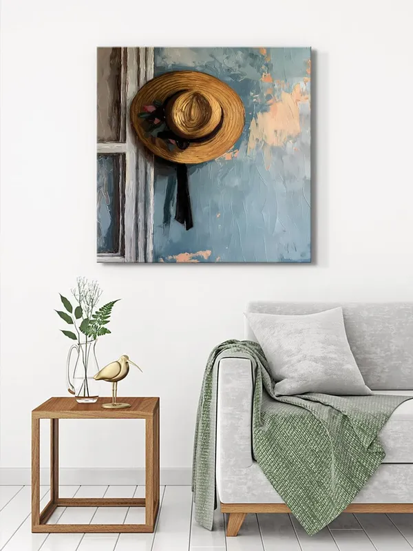 Straw_Hat_on_Wall_Canvas-Wrapped_Painting,_24x24_-_Rustic_Art_for_Cozy_and_Vintage_Interiors(FLP24X240416)