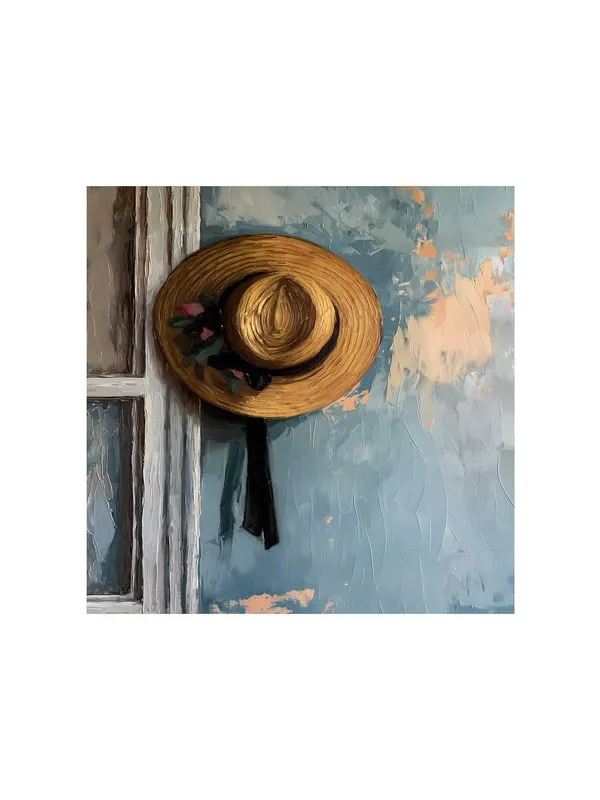 Straw_Hat_on_Wall_Canvas-Wrapped_Painting,_24x24_-_Rustic_Art_for_Cozy_and_Vintage_Interiors(FLP24X240416)