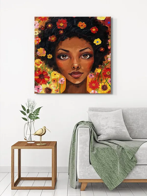Floral_Fantasy_Canvas-Wrapped_Painting_36X36_�_Whimsical_African_Woman_with_Flowers(FLP36X360485)