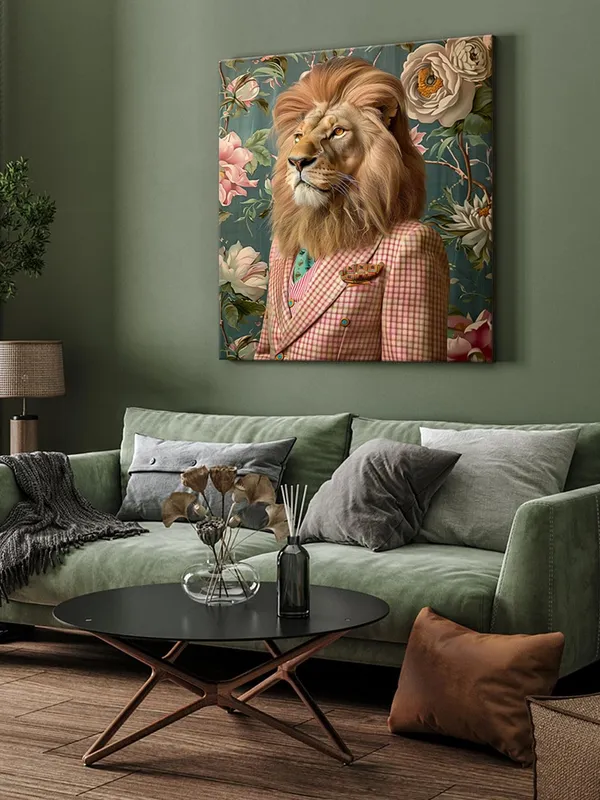 Lion_in_Checkered_Suit_Canvas-Wrapped_Painting_36X36_-_Unique_Animal_Art_Decor(FLP36X360331)
