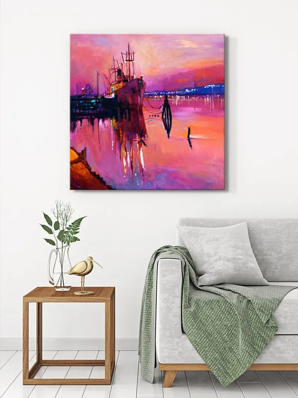 Ship_at_Pink_Sunset_Canvas-Wrapped_Painting,_36X36_Nautical_Art_for_Modern_Interiors(FLP36X360318)