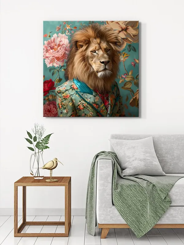 Lion_in_Green_Floral_Canvas-Wrapped_Painting,_24x24_Creative_Decor_for_Stylish_Homes(FLP24X240327)
