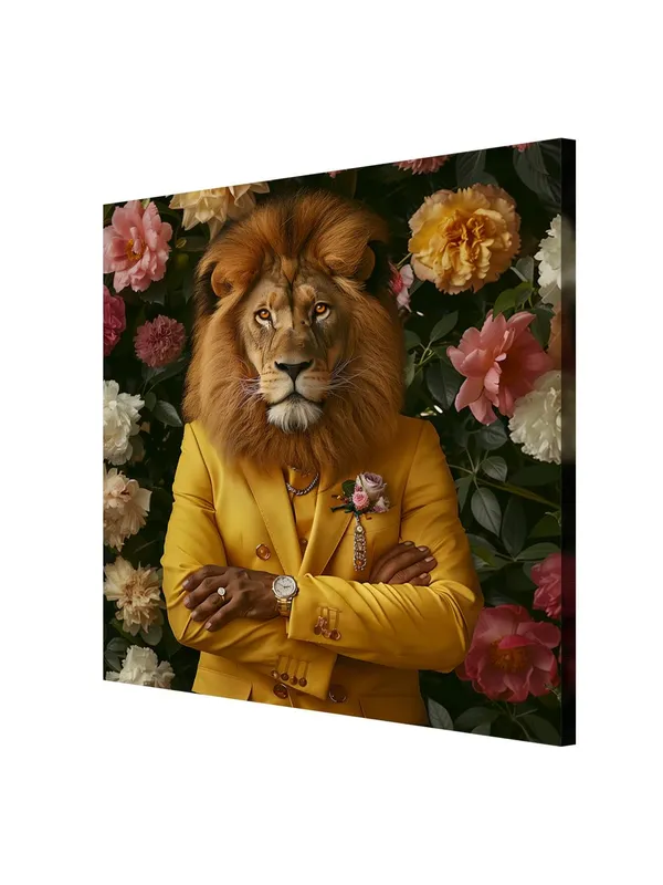 Lion_with_Pink_Flowers_Canvas-Wrapped_Painting,_24x24_Statement_Piece_for_Elegant_Spaces(FLP24X240324)