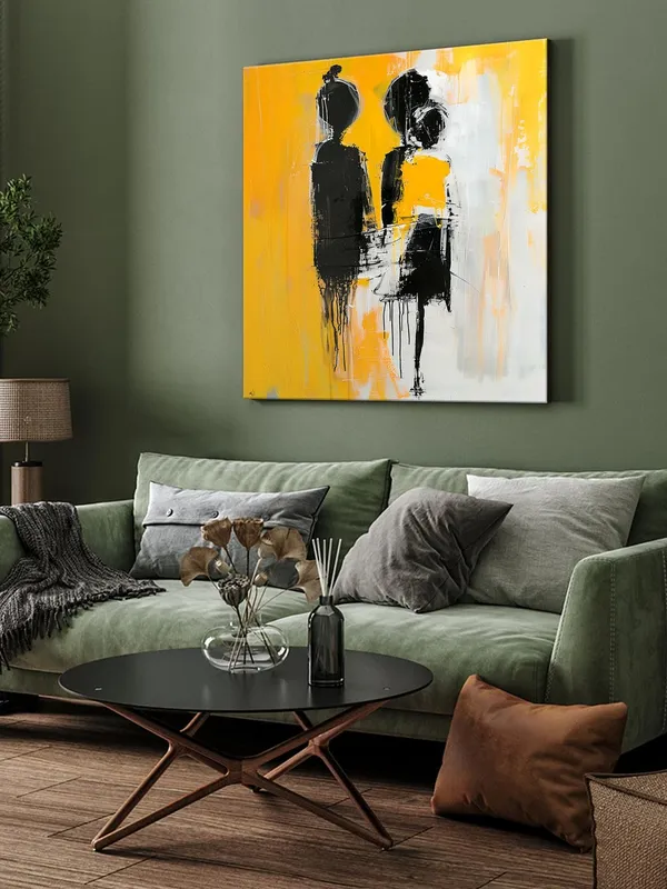 Silhouettes_in_Yellow_Canvas-Wrapped_Painting_24x24_-_Contemporary_Art_with_Contrasting_Figures(FLP24X240381)