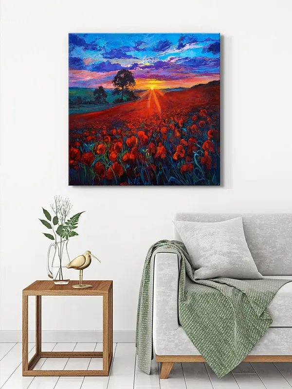 Canvas-Wrapped_Poppy_Field_Sunset_Painting,_24X24_–_Vibrant_Landscape_Art,_Romantic_Countryside,_Ideal_for_Living_Room(FLP24X240443)