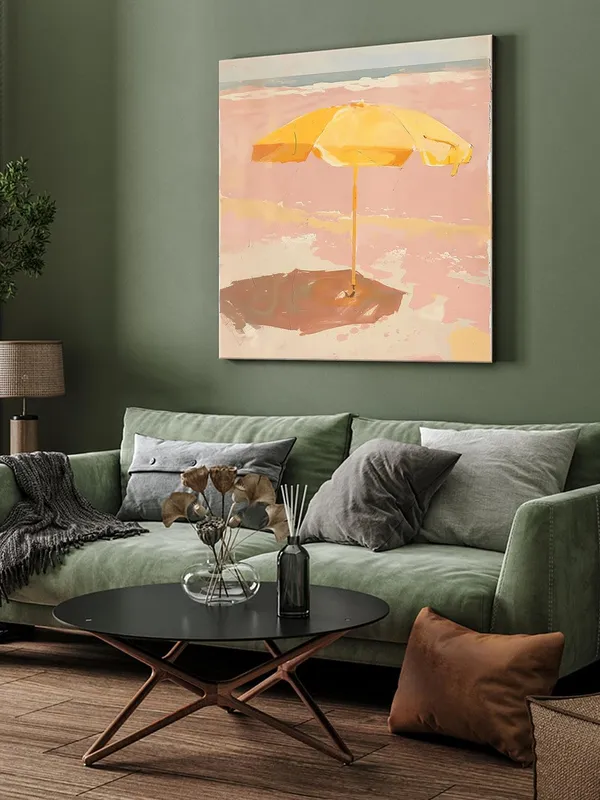 Canvas-Wrapped_Minimalist_Yellow_Umbrella_Beach_Painting,_24X24_–_Calm_Coastal_Serenity,_Neutral_Tones,_Modern_Home_Décor(FLP24X240440)