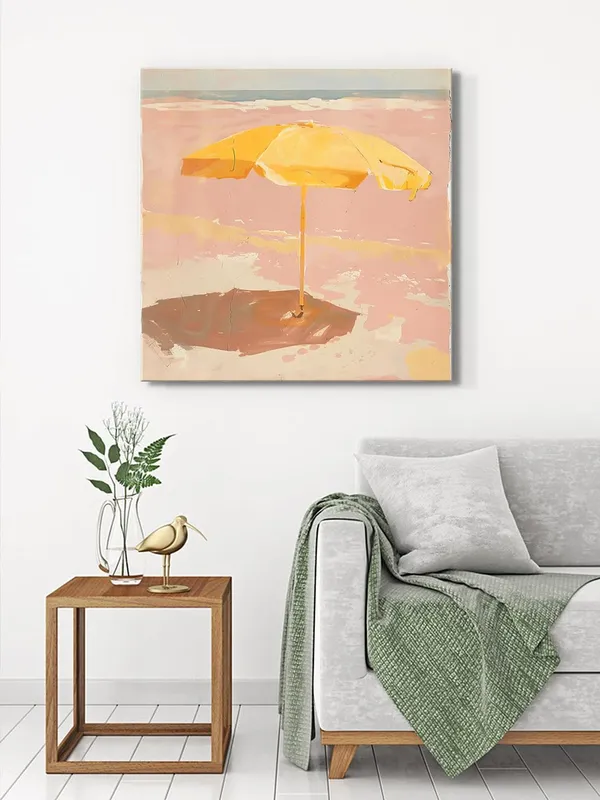 Canvas-Wrapped_Minimalist_Yellow_Umbrella_Beach_Painting,_36X36_�_Calm_Coastal_Serenity,_Neutral_Tones,_Modern_Home_D�cor(FLP36X360440)
