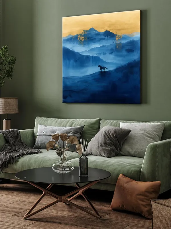 Lone_Horse_Canvas-Wrapped_Painting_36X36_-_Blue_and_Gold_Wilderness_Landscape(FLP36X360356)