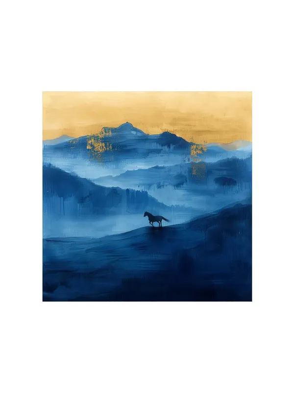 Lone_Horse_Canvas-Wrapped_Painting_36X36_-_Blue_and_Gold_Wilderness_Landscape(FLP36X360356)
