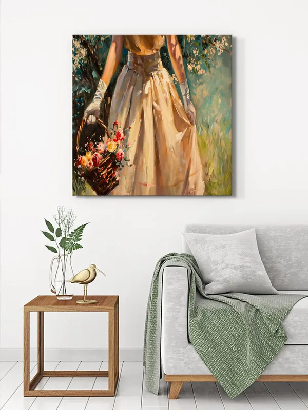 Vintage_Elegance_Lady_with_Basket_Canvas-Wrapped_Painting_-_36X36_|_Romantic_and_Timeless_Decor(FLP36X360431)