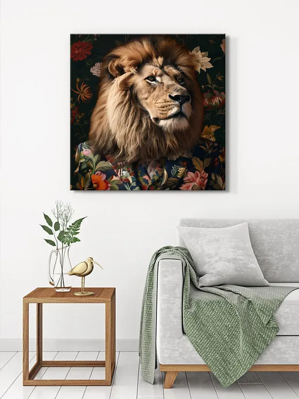 Lion_in_Floral_Jacket_Canvas-Wrapped_Painting,_24x24_Distinctive_Art_for_Contemporary_Settings(FLP24X240326)