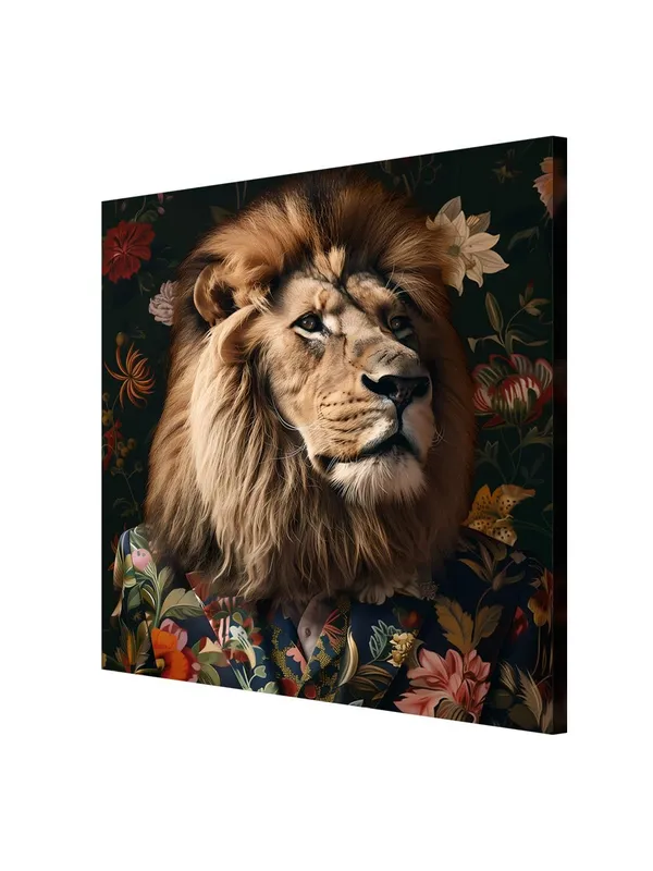 Lion_in_Floral_Jacket_Canvas-Wrapped_Painting,_24x24_Distinctive_Art_for_Contemporary_Settings(FLP24X240326)