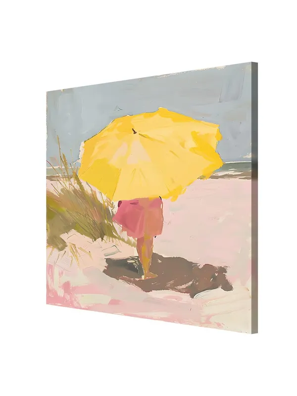 Canvas-Wrapped_Child_Under_Yellow_Umbrella_Painting,_24X24_–_Summer_Vibes,_Playful_Beach_Art_for_Bedroom_or_Living_Room(FLP24X240439)