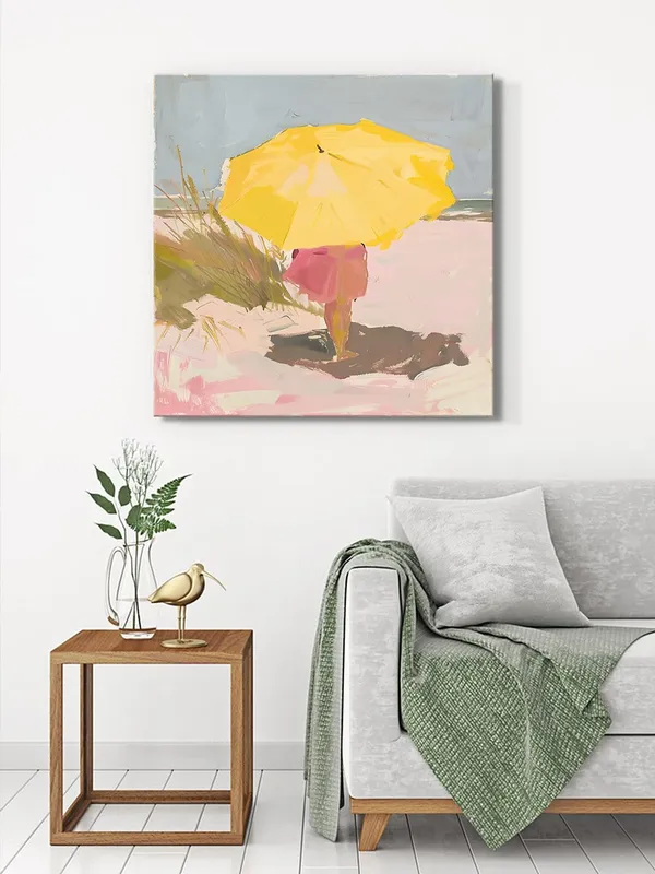 Canvas-Wrapped_Child_Under_Yellow_Umbrella_Painting,_24X24_–_Summer_Vibes,_Playful_Beach_Art_for_Bedroom_or_Living_Room(FLP24X240439)
