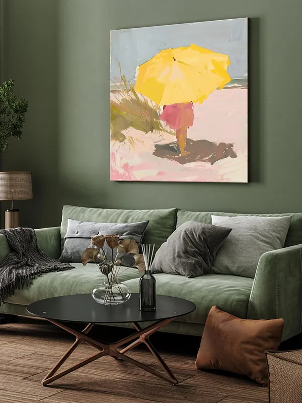 Canvas-Wrapped_Child_Under_Yellow_Umbrella_Painting,_24X24_–_Summer_Vibes,_Playful_Beach_Art_for_Bedroom_or_Living_Room(FLP24X240439)