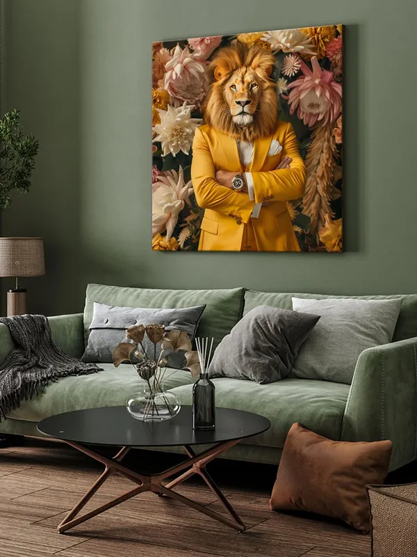 Lion_in_Floral_Suit_Canvas-Wrapped_Painting,_36X36_Unique_Art_for_Bold_Interiors(FLP36X360323)