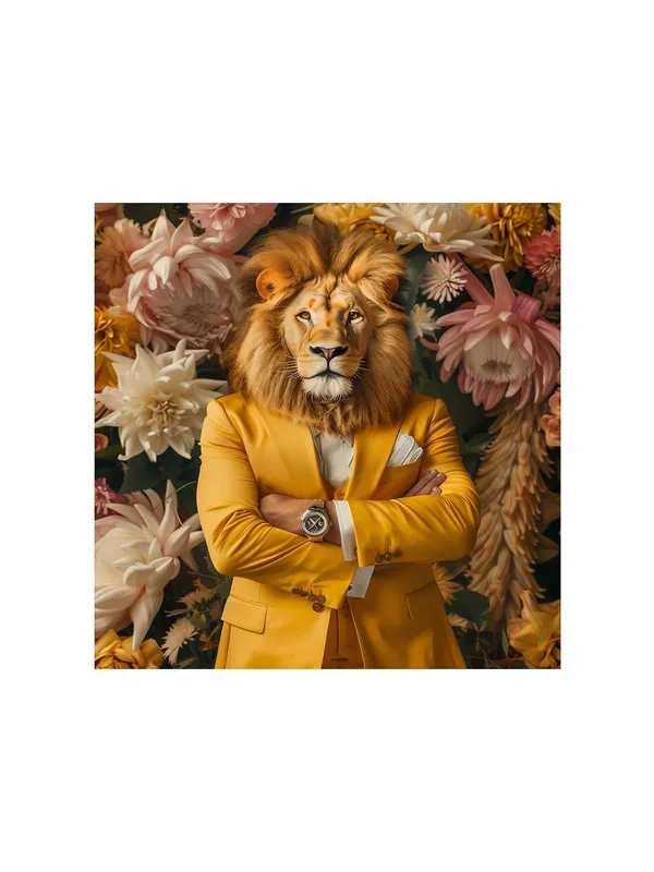 Lion_in_Floral_Suit_Canvas-Wrapped_Painting,_36X36_Unique_Art_for_Bold_Interiors(FLP36X360323)