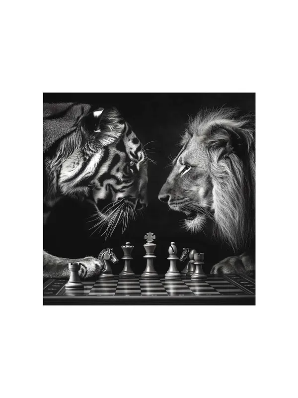 Chess_Match_Between_Tiger_and_Lion_Canvas-Wrapped_Painting_36X36_-_Black_and_White_Symbolism(FLP36X360371)