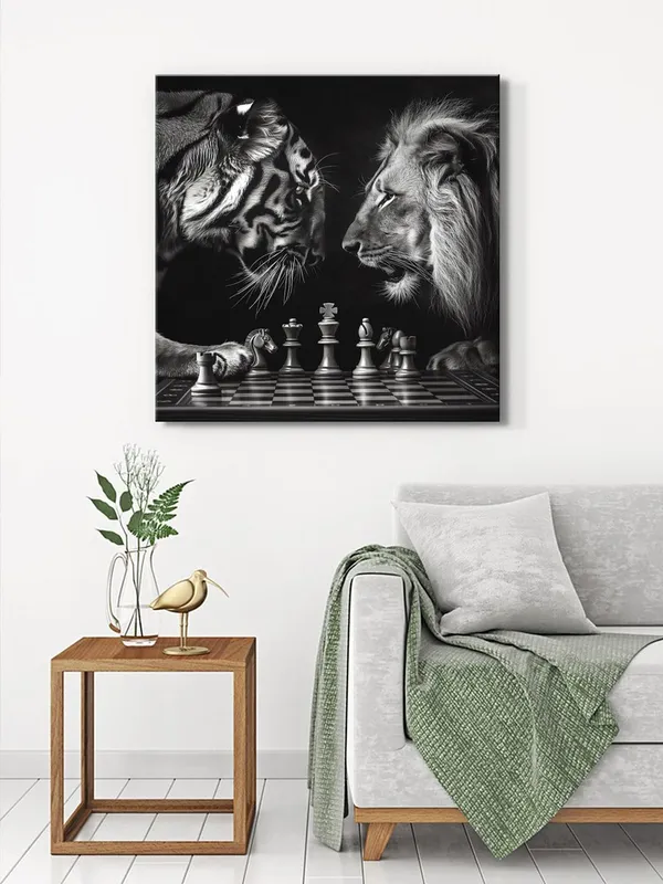 Chess_Match_Between_Tiger_and_Lion_Canvas-Wrapped_Painting_36X36_-_Black_and_White_Symbolism(FLP36X360371)