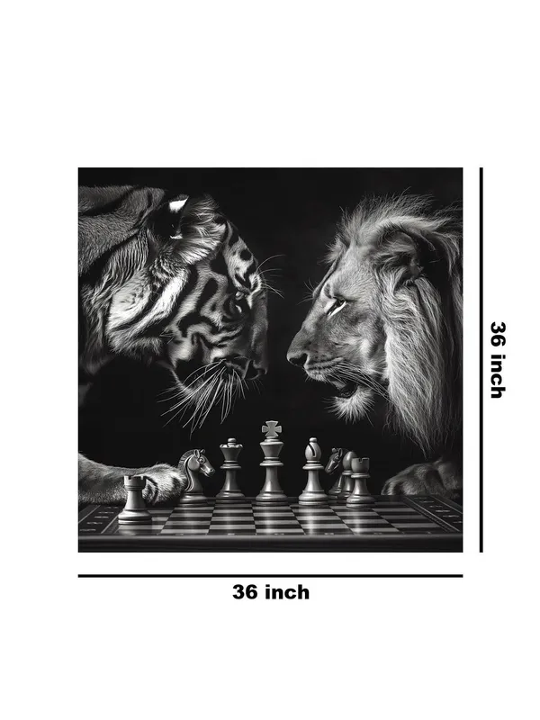 Chess_Match_Between_Tiger_and_Lion_Canvas-Wrapped_Painting_36X36_-_Black_and_White_Symbolism(FLP36X360371)
