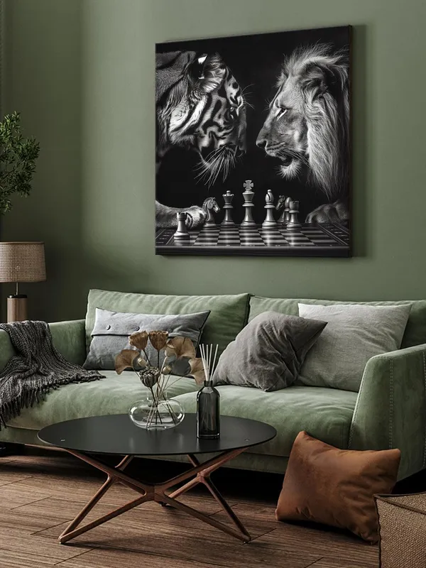 Chess_Match_Between_Tiger_and_Lion_Canvas-Wrapped_Painting_36X36_-_Black_and_White_Symbolism(FLP36X360371)
