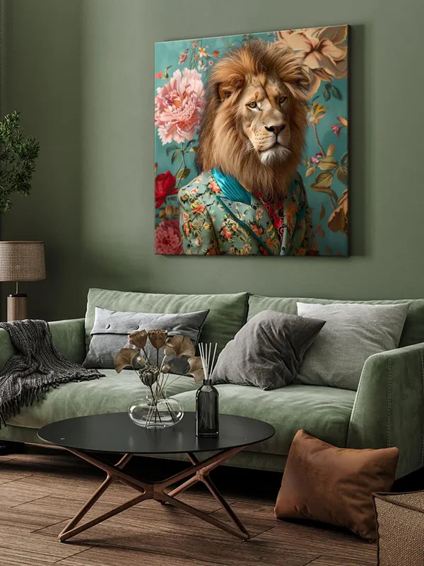 Lion_in_Green_Floral_Canvas-Wrapped_Painting,_36X36_Creative_Decor_for_Stylish_Homes(FLP36X360327)