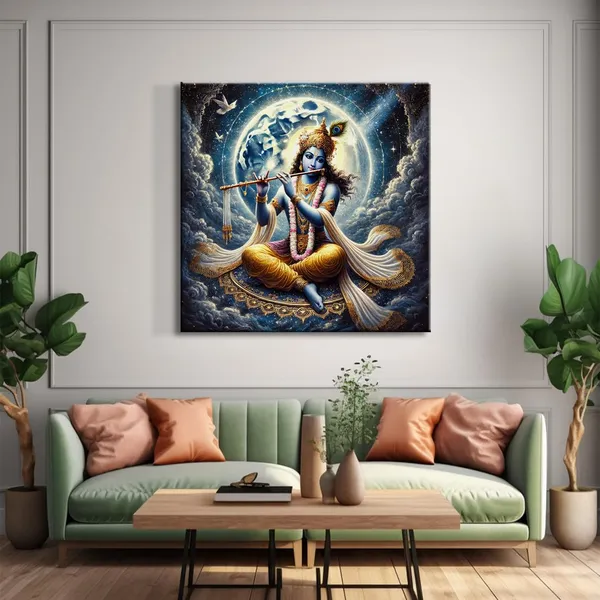 Divine_Krishna_with_Flute_under_Full_Moon_Canvas-Wrapped_Painting,_�_Tranquil_D�cor_36X36_Inches_(FLP36X360522)