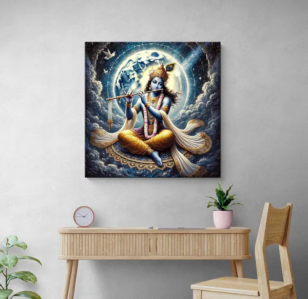 Divine_Krishna_with_Flute_under_Full_Moon_Canvas-Wrapped_Painting,_�_Tranquil_D�cor_36X36_Inches_(FLP36X360522)