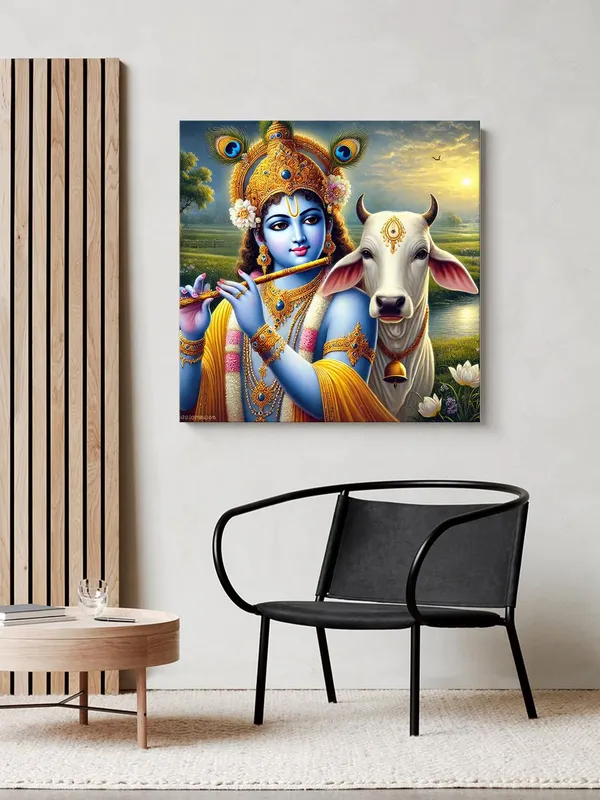 Canvas_Wrapped_Painting_of_Krishna_with_Cow_in_Rural_Scenery_-_Traditional_Indian_Decor_for_Home_-24x24_Inches(FLP24X240513)