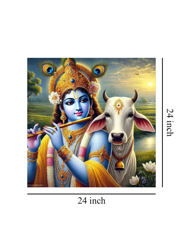 Canvas_Wrapped_Painting_of_Krishna_with_Cow_in_Rural_Scenery_-_Traditional_Indian_Decor_for_Home_-24x24_Inches(FLP24X240513)