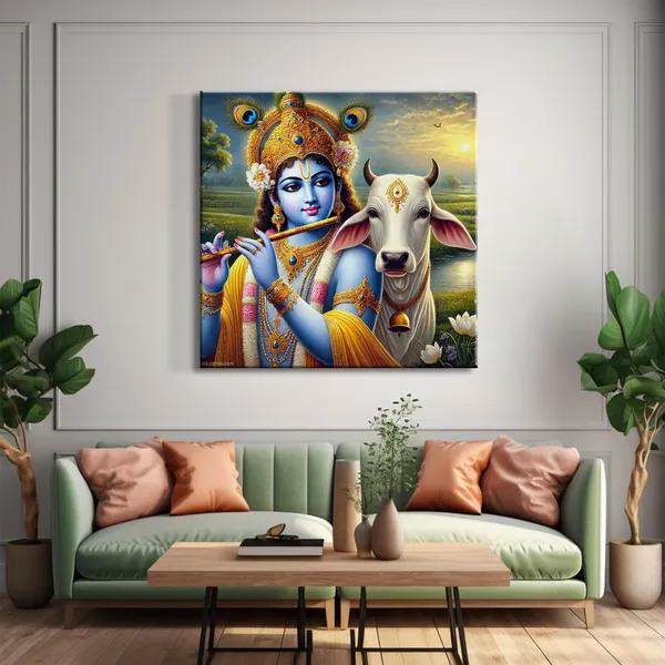 Canvas_Wrapped_Painting_of_Krishna_with_Cow_in_Rural_Scenery_-_Traditional_Indian_Decor_for_Home_-36X36_Inches(FLP36X360513)