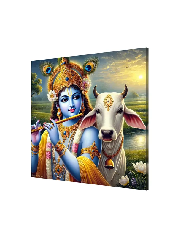 Canvas_Wrapped_Painting_of_Krishna_with_Cow_in_Rural_Scenery_-_Traditional_Indian_Decor_for_Home_-36X36_Inches(FLP36X360513)