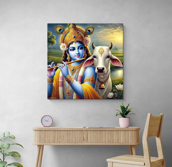 Canvas_Wrapped_Painting_of_Krishna_with_Cow_in_Rural_Scenery_-_Traditional_Indian_Decor_for_Home_-36X36_Inches(FLP36X360513)
