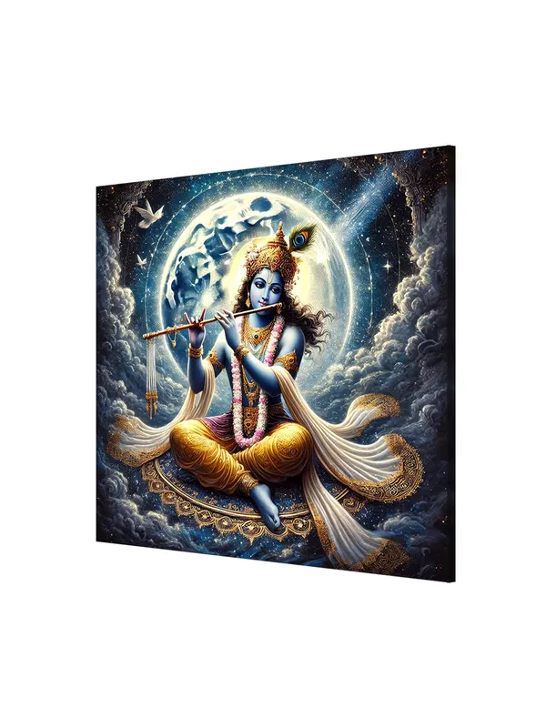 Divine_Krishna_with_Flute_under_Full_Moon_Canvas-Wrapped_Painting,_–_Tranquil_Décor_24X24_Inches_(FLP24X240522)