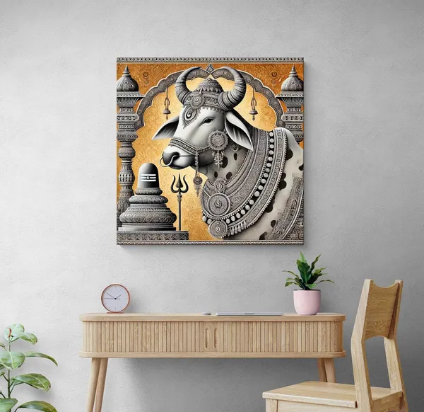 Canvas_Wrapped_Painting_of_Divine_Nandi_Bull_with_Lingam_-_Sacred_Art_for_Spiritual_Spaces_-_36X36_Inches(FLP36X360561)