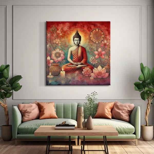 Canvas_Wrapped_Painting_of_Buddha_with_Lotus_and_Candles_-_Harmonious_Art_for_Serenity_-_24X24_Inches(FLP24X240559)