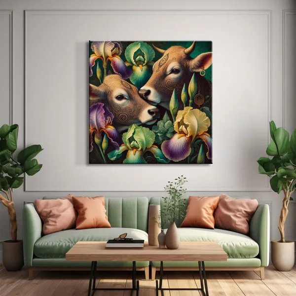 Canvas_Wrapped_Painting_of_Two_Cows_with_Flowers_-_Rustic_Art_for_Traditional_Homes_-_36X36_Inches(FLP36X360560)