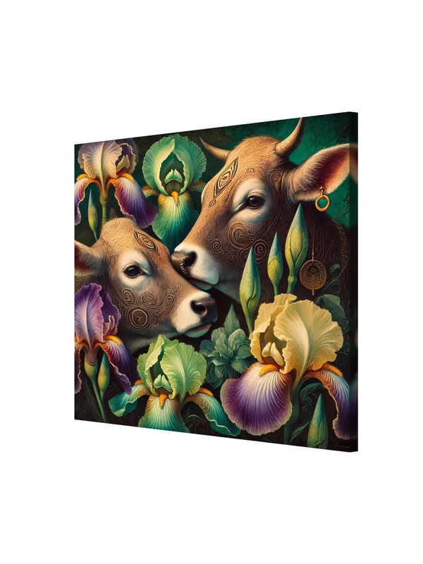 Canvas_Wrapped_Painting_of_Two_Cows_with_Flowers_-_Rustic_Art_for_Traditional_Homes_-_36X36_Inches(FLP36X360560)