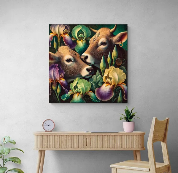 Canvas_Wrapped_Painting_of_Two_Cows_with_Flowers_-_Rustic_Art_for_Traditional_Homes_-_36X36_Inches(FLP36X360560)
