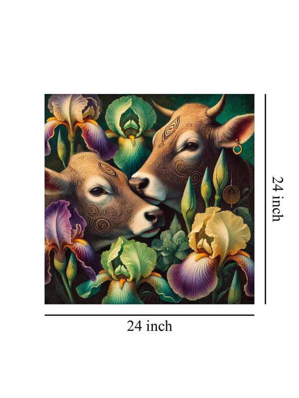 Canvas_Wrapped_Painting_of_Two_Cows_with_Flowers_-_Rustic_Art_for_Traditional_Homes_-_24X24_Inches(FLP24X240560)