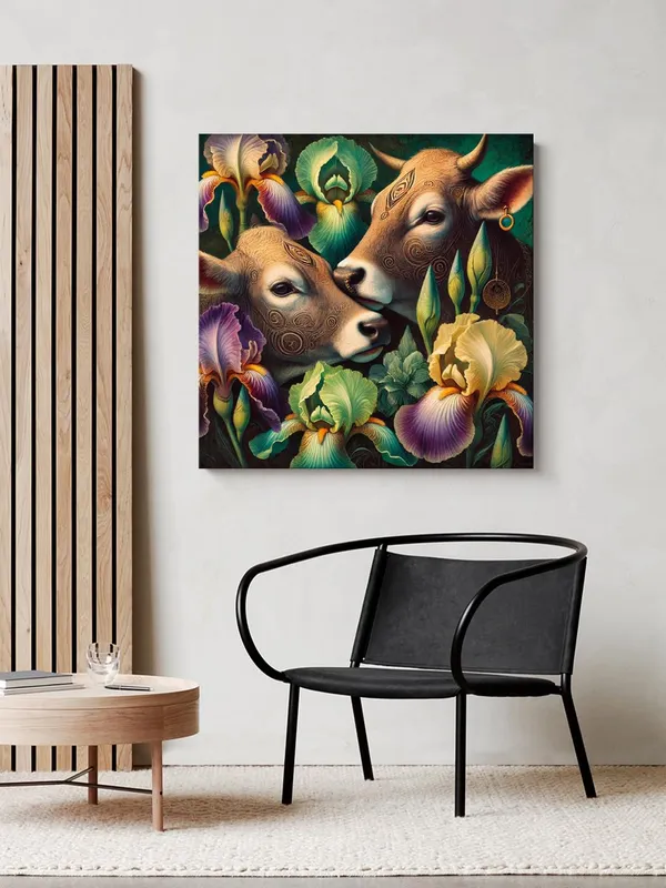 Canvas_Wrapped_Painting_of_Two_Cows_with_Flowers_-_Rustic_Art_for_Traditional_Homes_-_24X24_Inches(FLP24X240560)