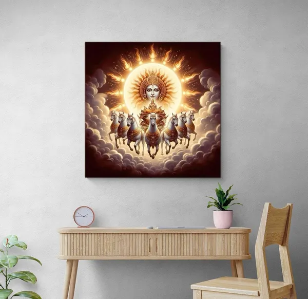 Canvas_Wrapped_Painting_of_Sun_God_Surya_with_Horses_-_Vedic_Art_for_Modern_D�cor_-_36X36_Inches(FLP36X360544)